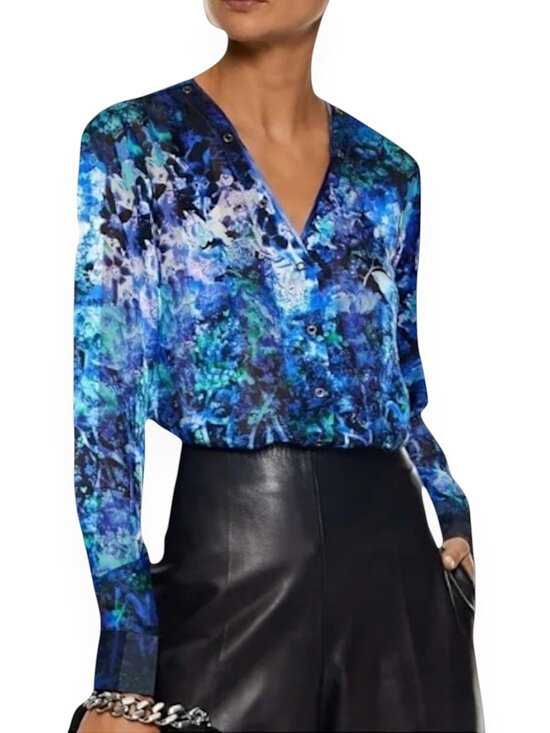 Elie Tahari Tops - Elie Tahari Lydia Leather Trimmed Floral Snap Front Silk Blue Top Blouse XS